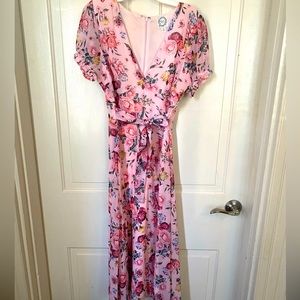 Francesca’s Blue Rain Pink Floral Midi Dress